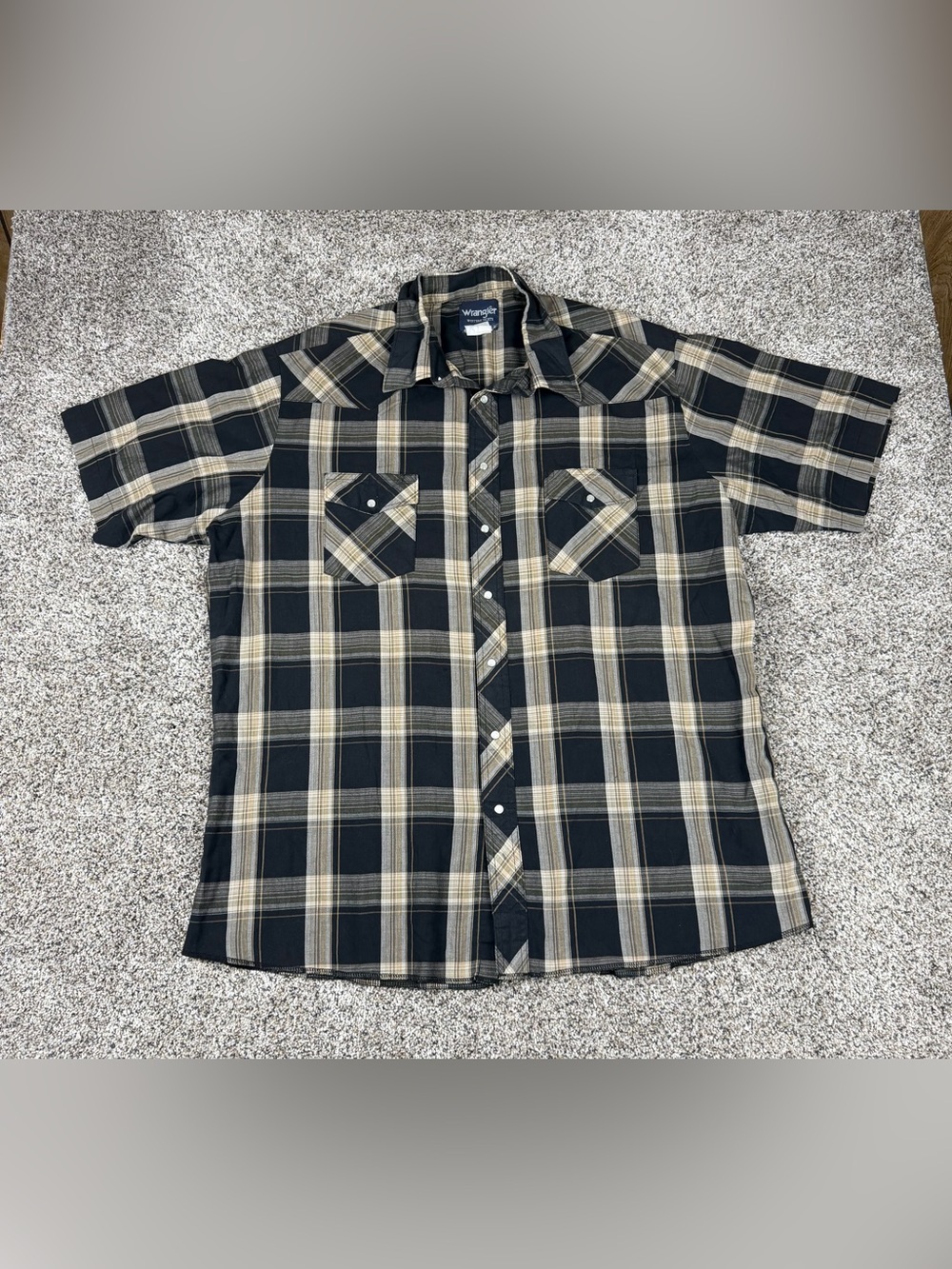 Sz 2XL Men’s Wrangler Western Short Sleeve Pearl Snap Shirt Black Beige Plaid